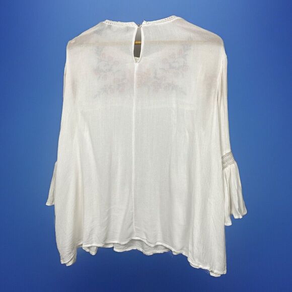 Life Style Top Babydoll Bell Sleeves Embroider Crochet White Gauze PL Large Boho - Picture 6 of 7